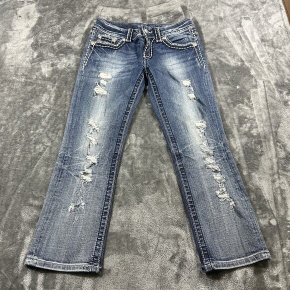 Miss Me Jeans Womens 27 Blue Capri JE5152P10 Embroidered Distressed Rhinestones - Picture 2 of 13